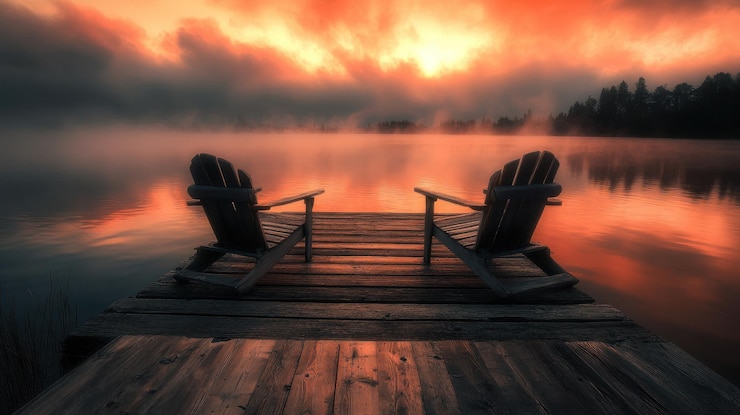 PSD serene lakeside view at sunset with chairs
