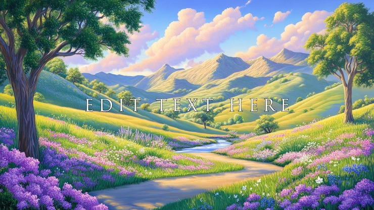 PSD 曲がりくねった道野生の花と山々を描いた晴れた谷のやかな風景画