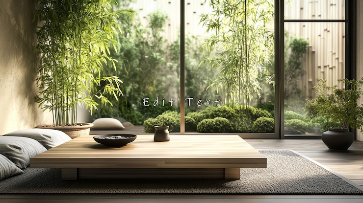 PSD serene minimalist zen room with bamboo garden view
