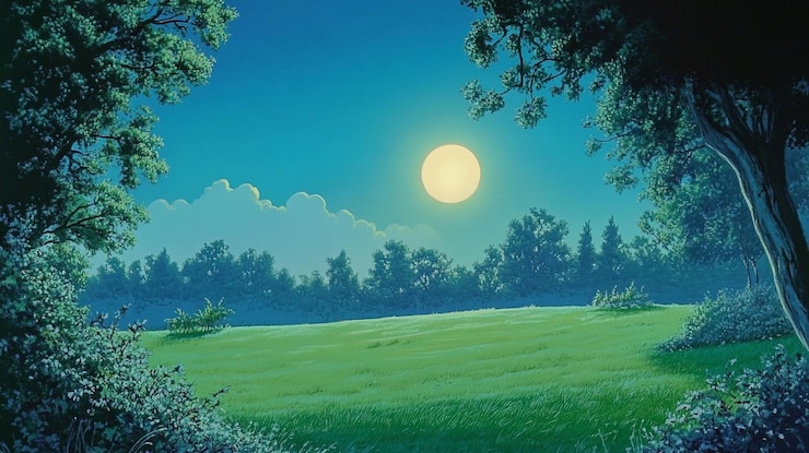 PSD serene moonlit night scene in a lush green field framed by trees