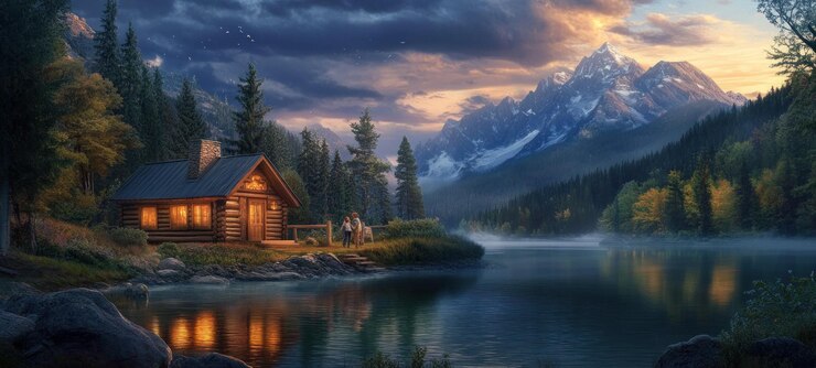 PSD serene mountain lake cabin sunset