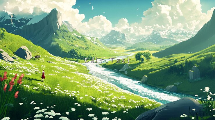 PSD serene mountain valley landscape with river girl flowers and cow