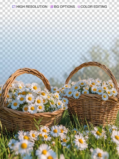 Serene Outdoor Scene with Baskets of Daisies on Grass