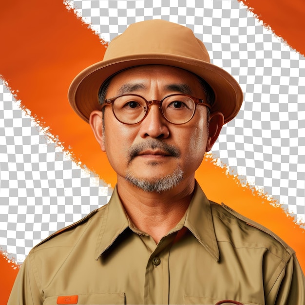 PSD serene park ranger east asian man short hair focused gaze glasses pastel background