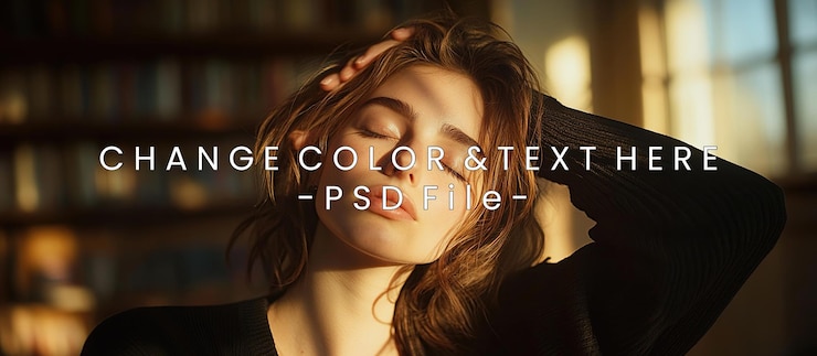 PSD 一個閉著眼睛的女人在室內溫暖的陽光下享受陽光的平靜肖像