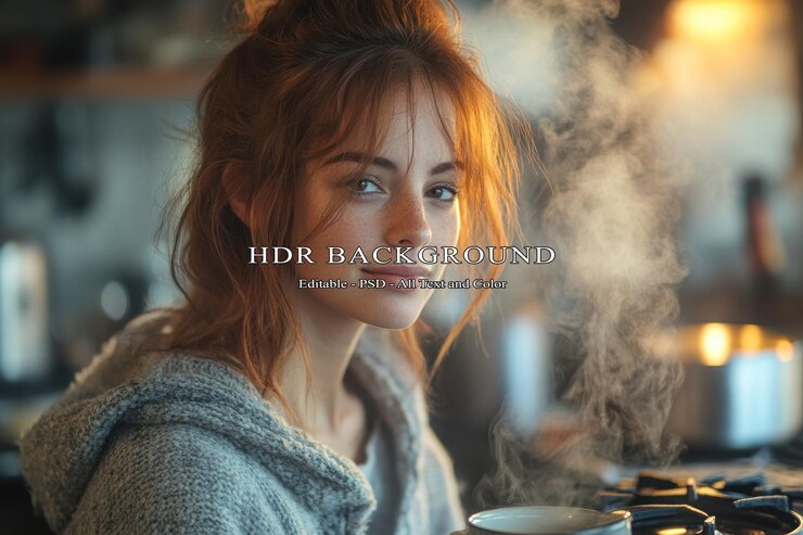 PSD serene redhead woman in cozy sweater near steaming cup kitchen setting