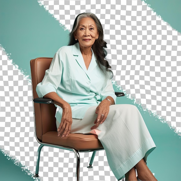 PSD a serene senior woman with long hair from the pacific islander ethnicity dressed in oncologist attire poses in a seated pose with crossed legs style against a pastel mint background