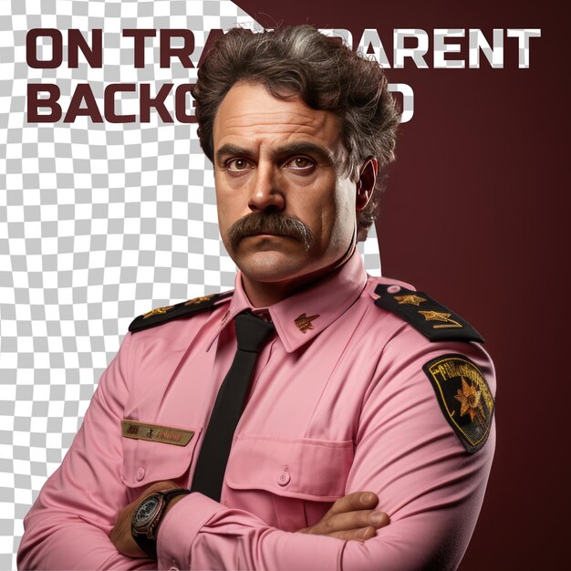 serene slavic policeman curly haired middle aged man poses gracefully with crossed ankles on pastel salmon