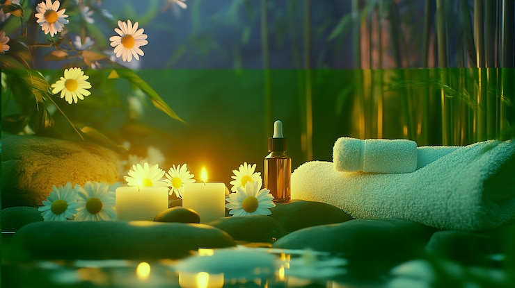 PSD serene spa scene with candles essential oil towels and flowers on stones near water