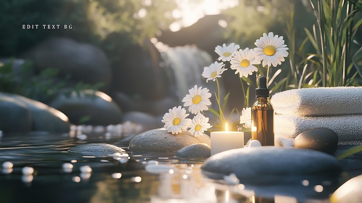 PSD serene spa scene with daisies oil candle and towels by a waterfall