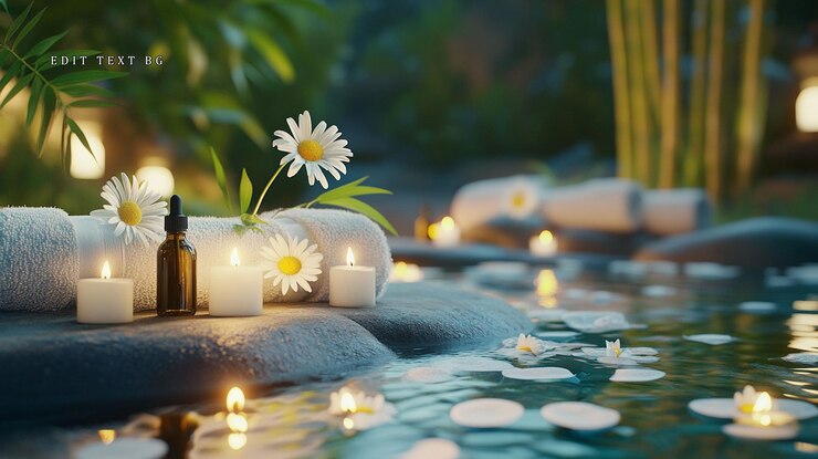 PSD serene spa setting with candles flowers towels and essential oil by a tranquil pond at dusk