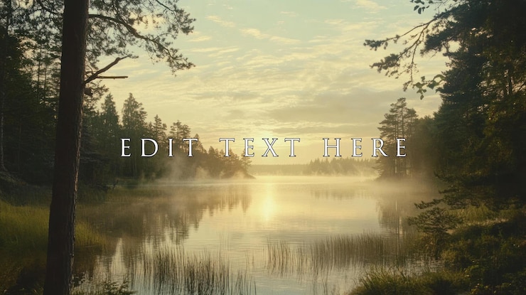 PSD serene sunrise over misty lake in tranquil pine forest