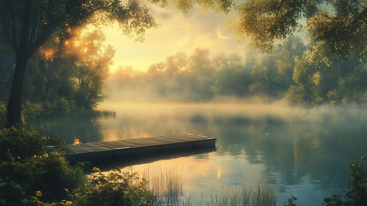PSD serene sunrise over misty lake with wooden dock