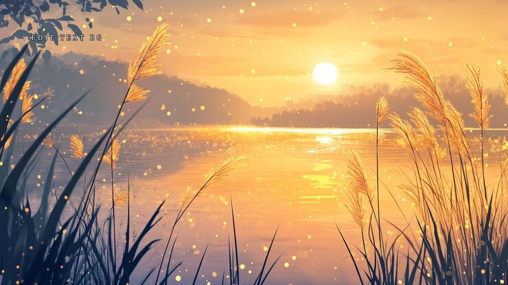 PSD 高い草を照らす静かな湖の上に晴れた夕暮れのヒカキン