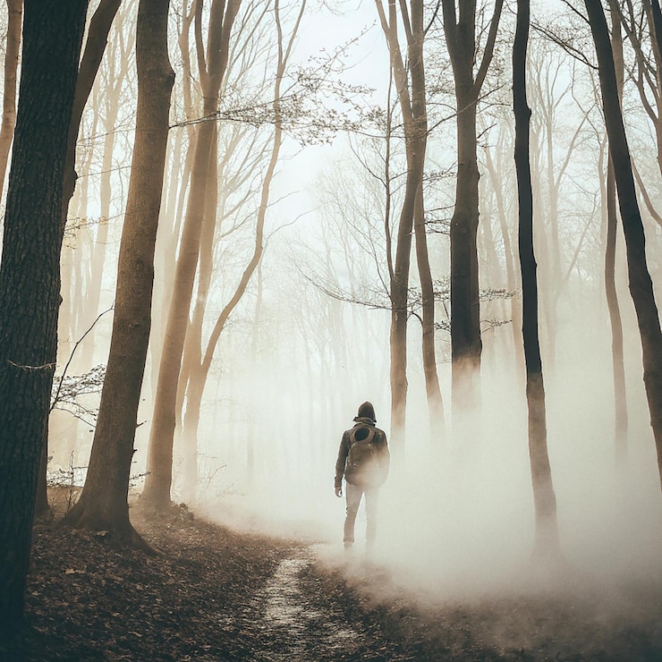 PSD a serene view of mist rolling through a lush green forest in the french jura mountains the fog adds