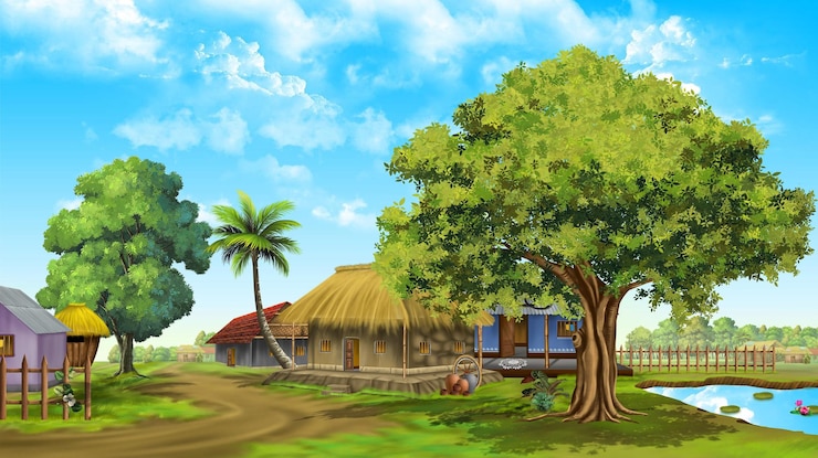 PSD a serene village landscape with traditional cottages and lush greenery under a blue sky