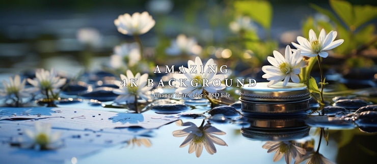 PSD serene water garden white flowers and tranquil reflections