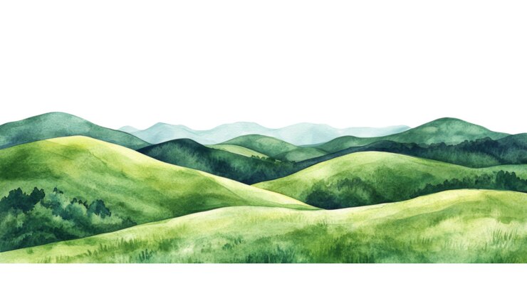 Serene Watercolor Landscape of Rolling Green Hills and Distant Mountains Under a Clear Sky