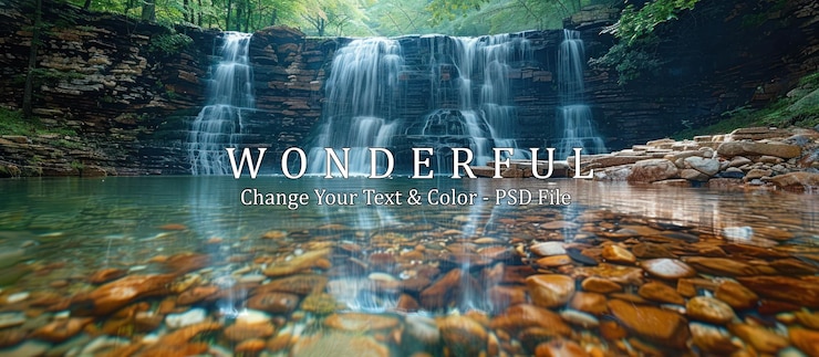 PSD serene waterfall cascading into crystal clear pool