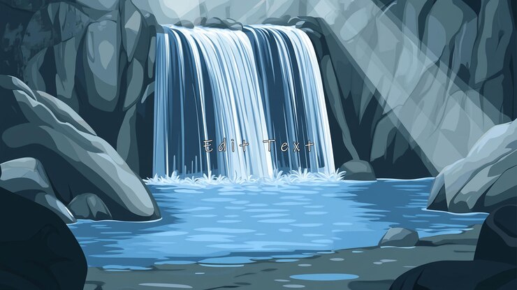 PSD serene waterfall cascading into a tranquil pool nestled within a rocky gorge bathed in sunlight