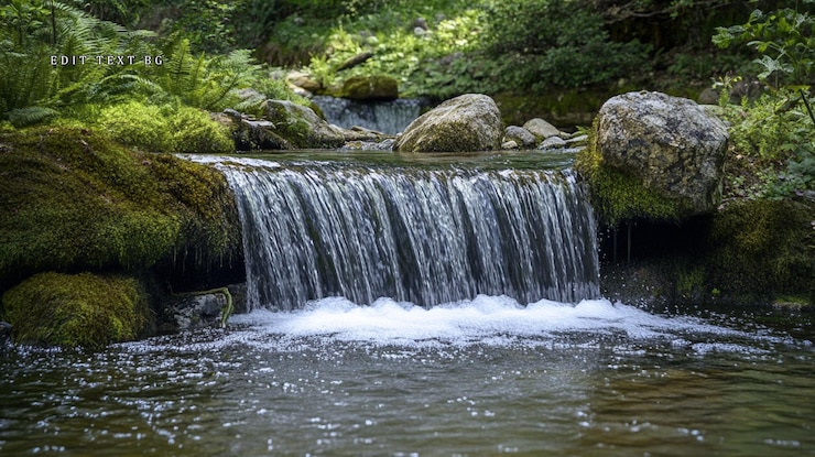 PSD serene waterfall cascading over mosscovered rocks in a lush forest