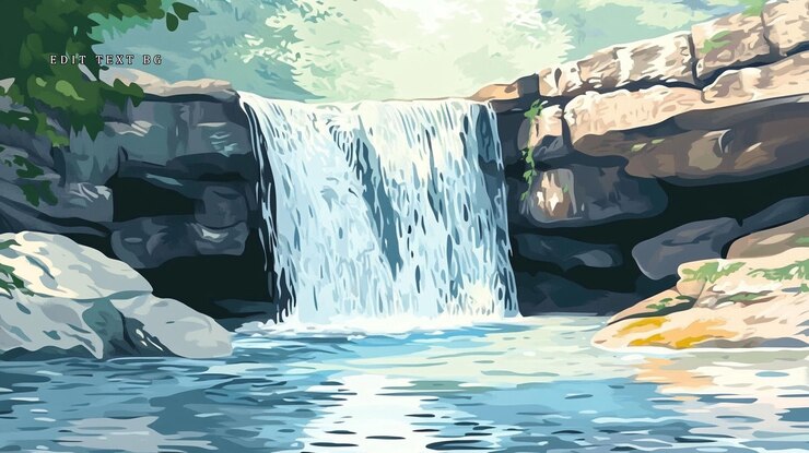 PSD serene waterfall cascading over rocks into a tranquil pool surrounded by lush greenery