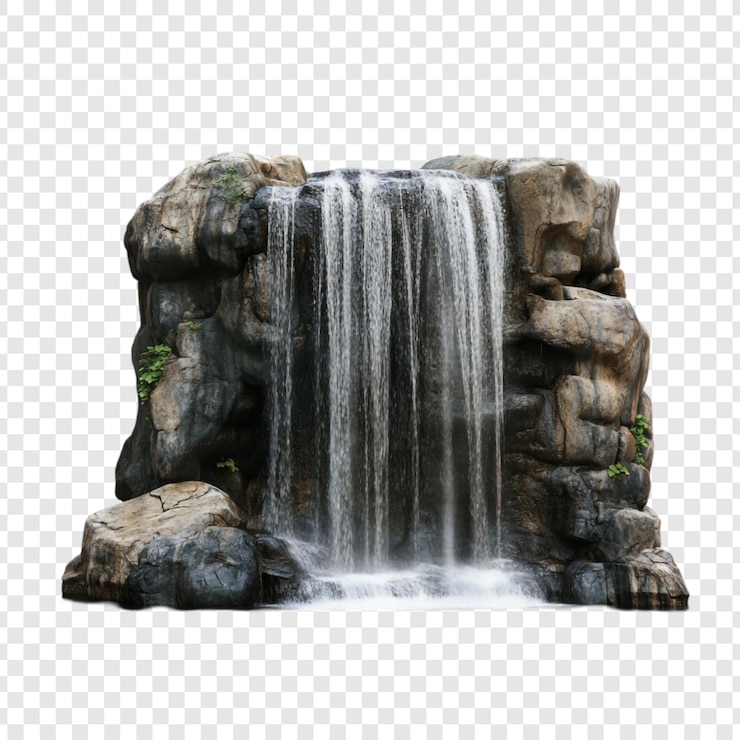 PSD serene waterval cascade over donkergrijze rotsen groene planten zichtbaar in de buurt van de waterbron natuur scène geïsoleerd op transparante achtergrond