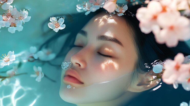 PSD 細な花で水に沈んだやかな女性