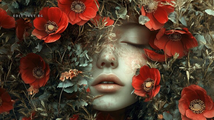 PSD serene womans face surrounded by red poppies and green foliage