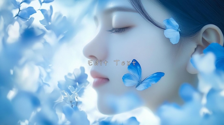 PSD 青い花と蝶の中に静かな女性のプロフィール