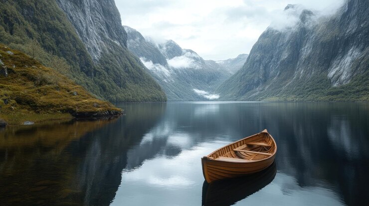 PSD serene wooden rowboat on calm lake nestled in majestic mountains under cloudy sky
