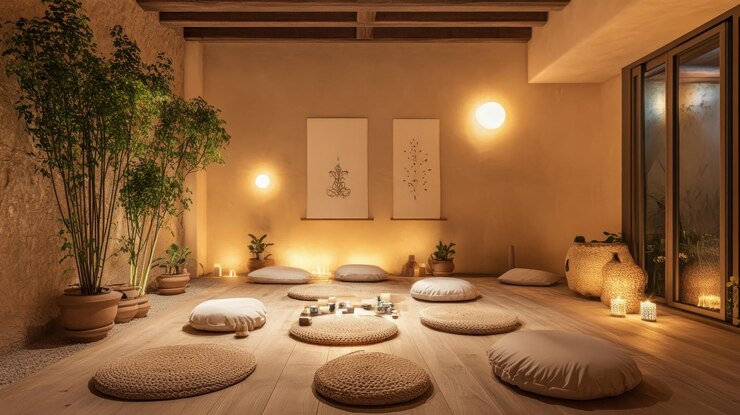 PSD serene yoga studio with cushions plants and warm lighting