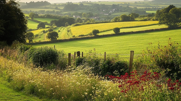 PSD serene zomerlandschap levendige wilde bloemen langs een rustiek hek rollen groene heuvels en velden onder een zacht zonlicht