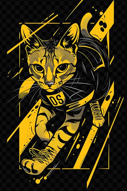 PSD serengeti cat with running pose and wearing a marathon numbe frame decor collage ink art design psd