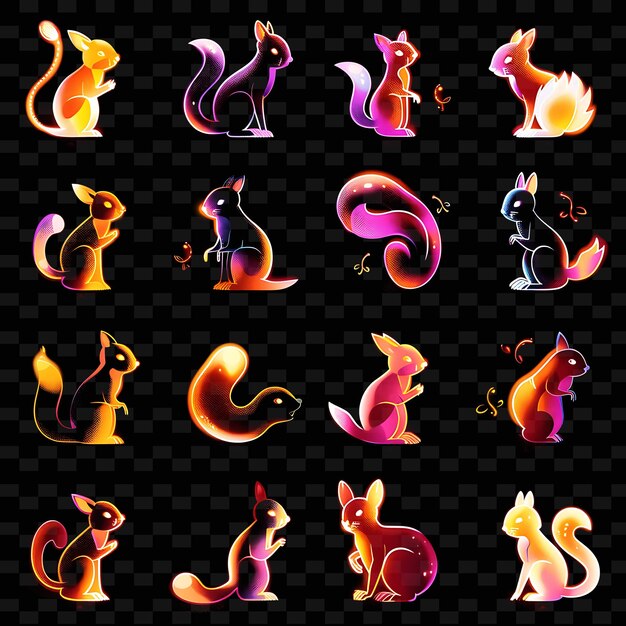 PSD a series of different colored animals with flames and a horse on the bottom