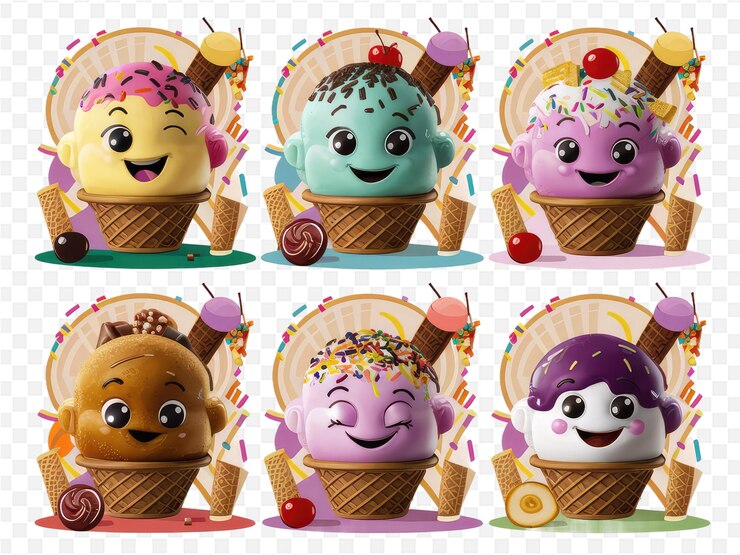 PSD a series of different ice cream cones with one that has the number 3 on it