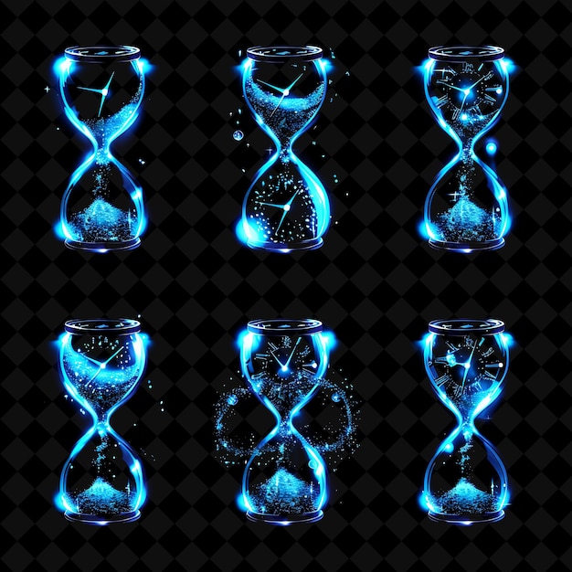 A series of hourglasses with blue and green water in the middle