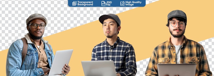 PSD series of male programmers depicted in halfbody portraits with laptops
