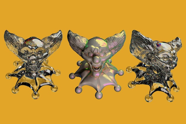 a series of three alien figurines with one being a face