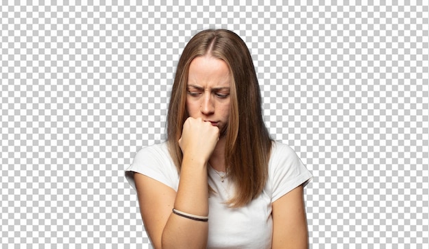 serieus, bedachtzaam en bezorgd voelen, zijwaarts staren met de hand tegen de kin gedrukt