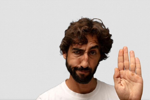 serieus, streng, ontevreden en boos, open handpalm laten zien, stopgebaar maken.
