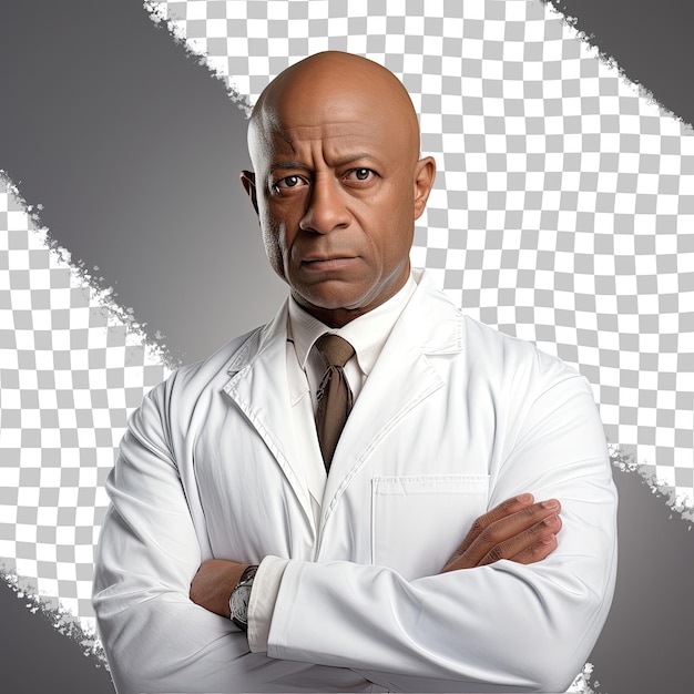 PSD serious african american dermatologist melancholic bald man in professional attire