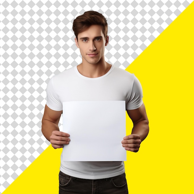 A serious attractive European man wearing a simple t shirt is isolated on a transpparent Background