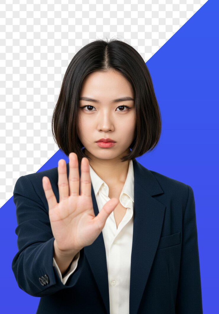 PSD 심각 한 사업가 여자 는 멈추는 몸짓 을 보여 준다