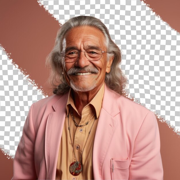 PSD serious hispanic counselor excited senior with long hair stands firmly arms folded against a pastel peach backdrop