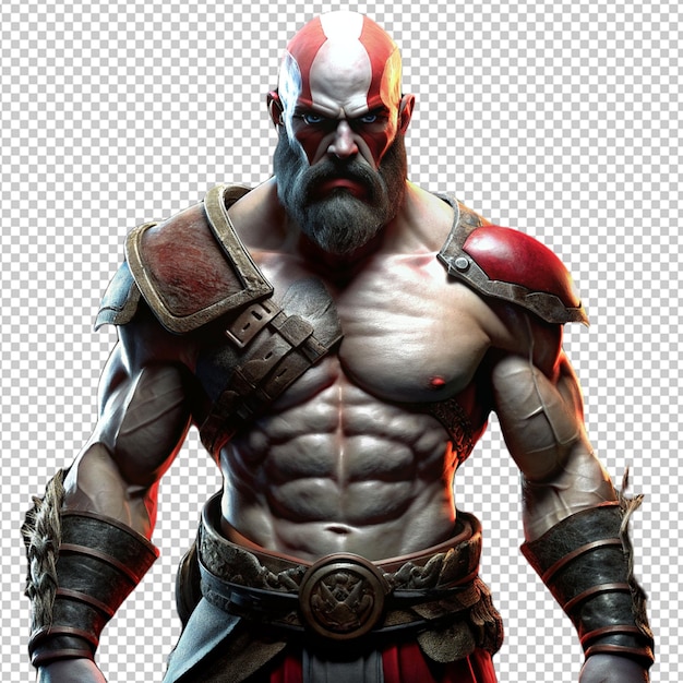 Kratos seri con petto selvaggio su sfondo trasparente