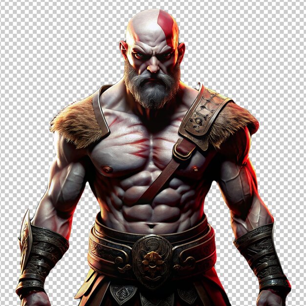 Kratos seri con petto selvaggio su sfondo trasparente