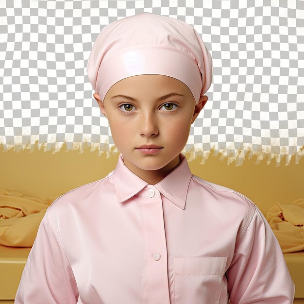 PSD serious mongolic preschooler girl in butcher attire poses on pastel lemon background