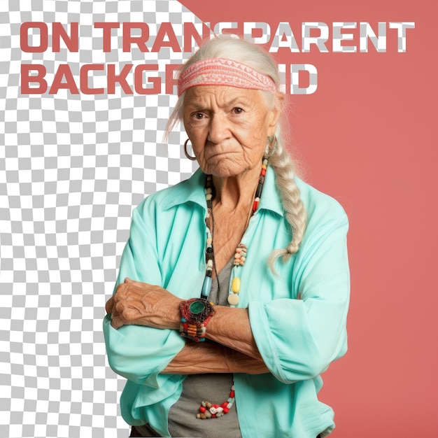 PSD serious native american senior woman poses in painter attire on mint background