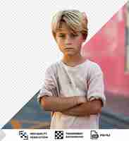 PSD serious preadolescent boy standing in the middle of the street png